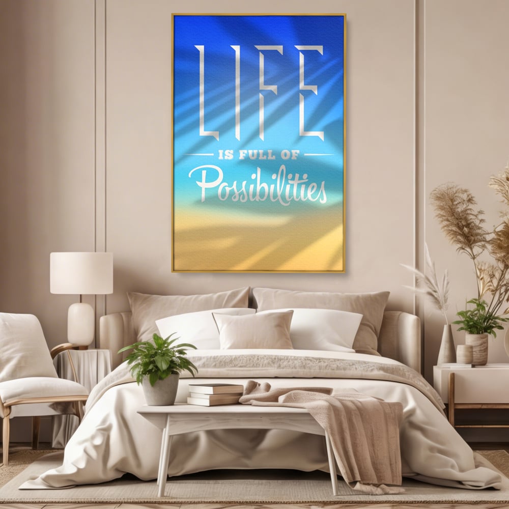 Tablou canvas cu tablou motivational vertical cu mesaj, in rama de aluminiu auriu, pe perete intr-un dormitor
