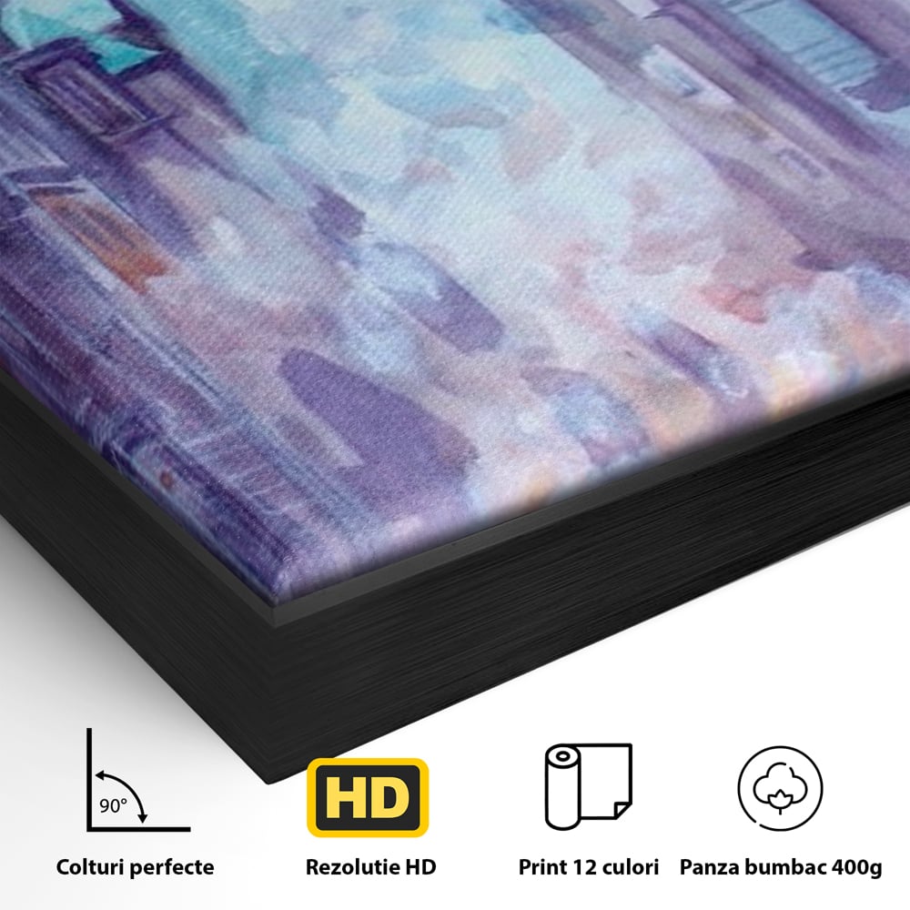 Detaliu al suprafetei: tablou canvas pictura urbana cu masina portocaliu, in rama de aluminiu negru