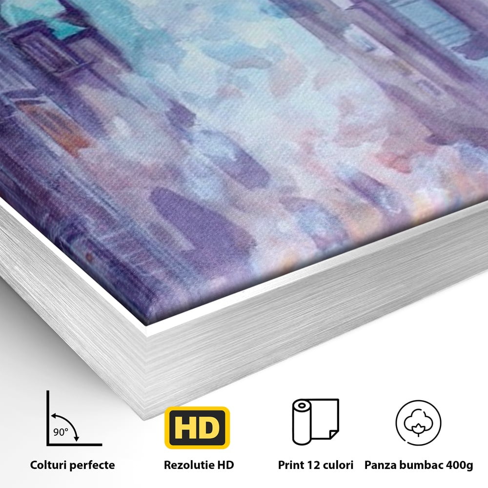 Detaliu al suprafetei: tablou canvas pictura urbana cu masina portocaliu, in rama de aluminiu argintiu