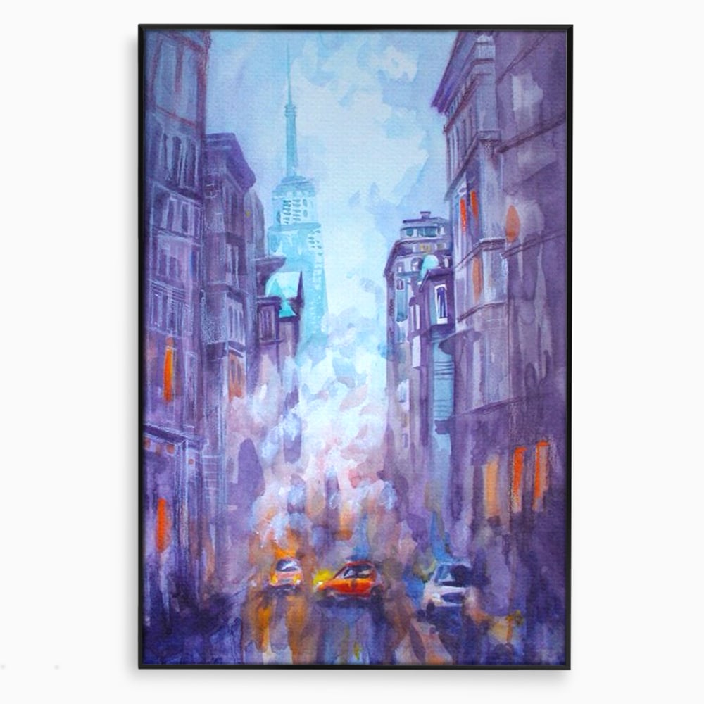 Tablou canvas cu tablou canvas pictura urbana cu masina portocaliu, in rama de aluminiu negru