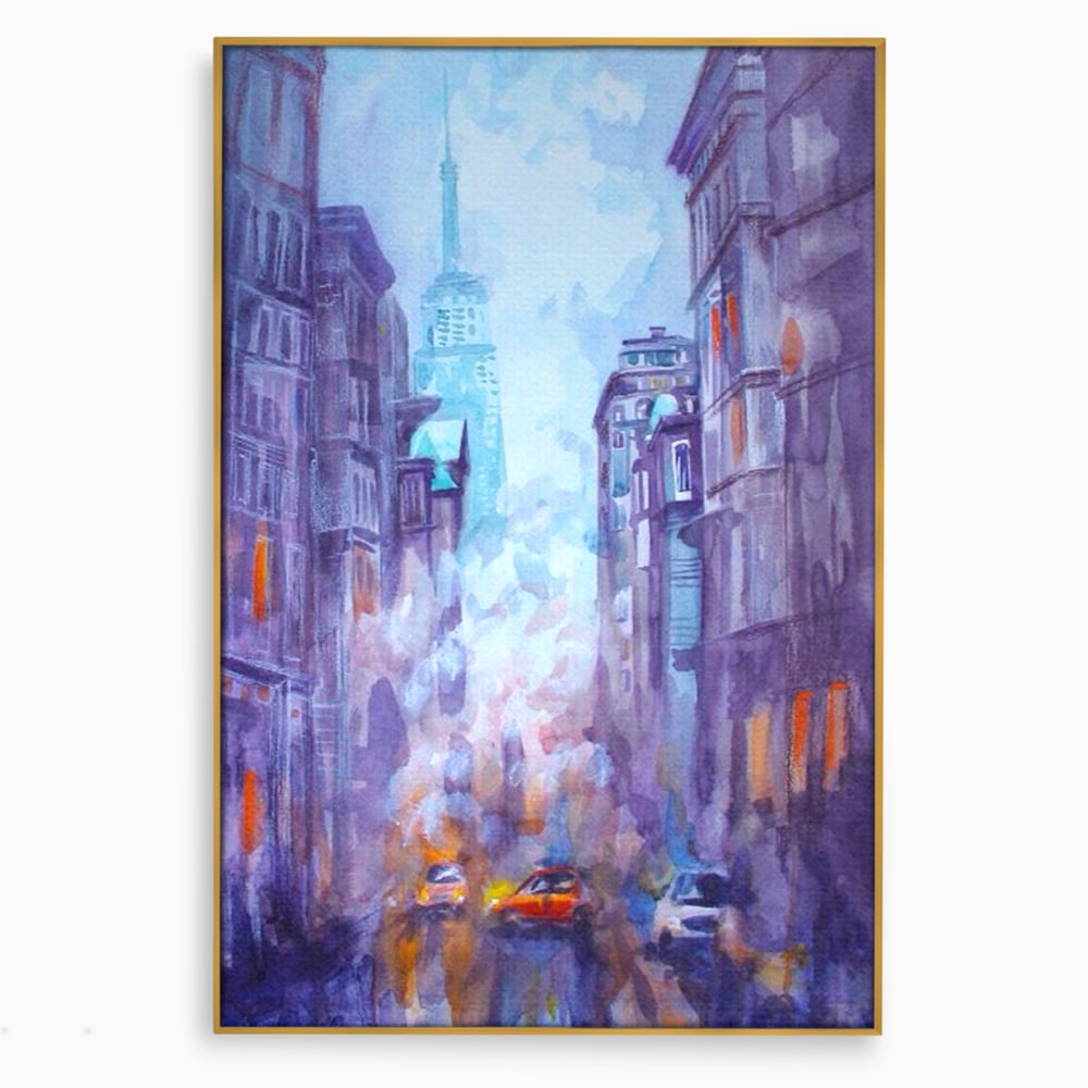 Tablou canvas cu tablou canvas pictura urbana cu masina portocaliu, in rama de aluminiu auriu