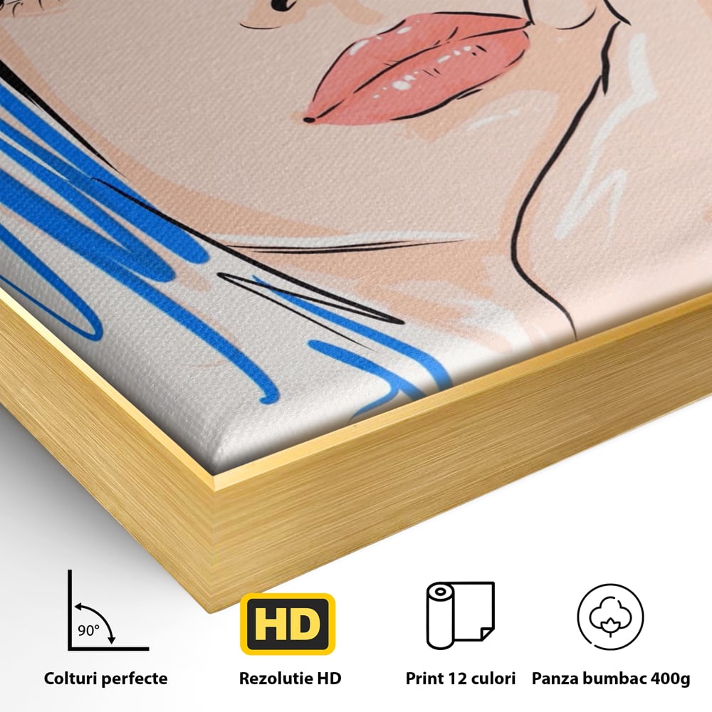 Detaliu al suprafetei: ilustratie portret fata visatoare, in rama de aluminiu auriu