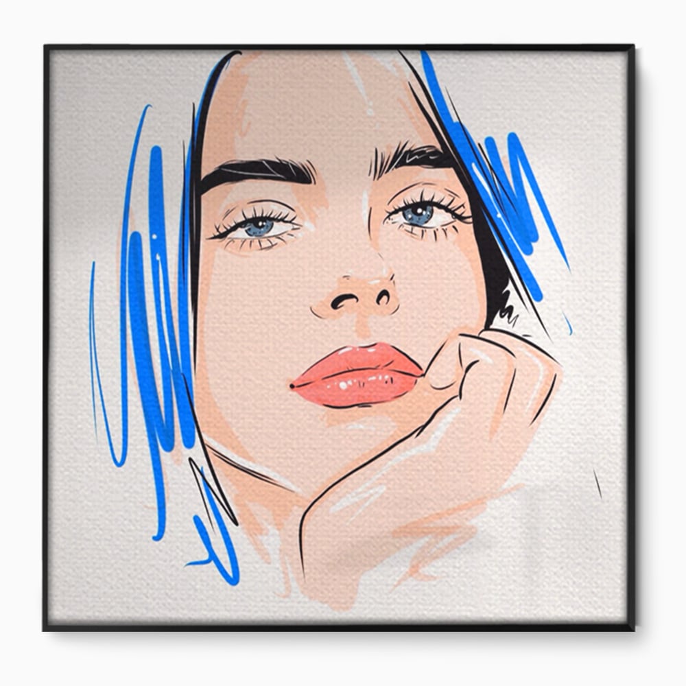 Tablou canvas cu ilustratie portret fata visatoare, in rama de aluminiu negru