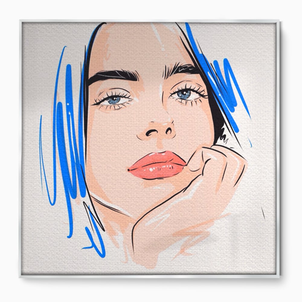 Tablou canvas cu ilustratie portret fata visatoare, in rama de aluminiu argintiu