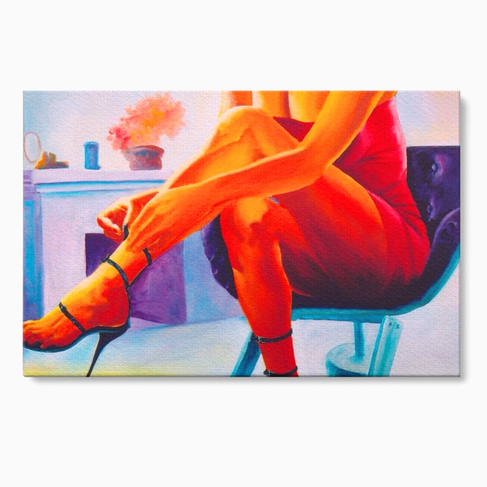 Tablou canvas cu pictura cu femeie in rochie rosie, fara rama, pe sasiu de lemn
