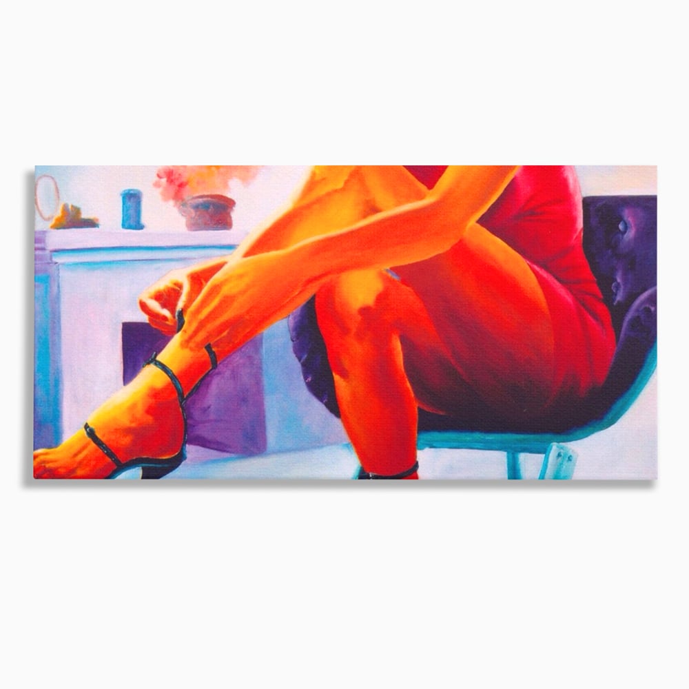 Tablou canvas cu pictura cu femeie in rochie rosie, fara rama, pe sasiu de lemn