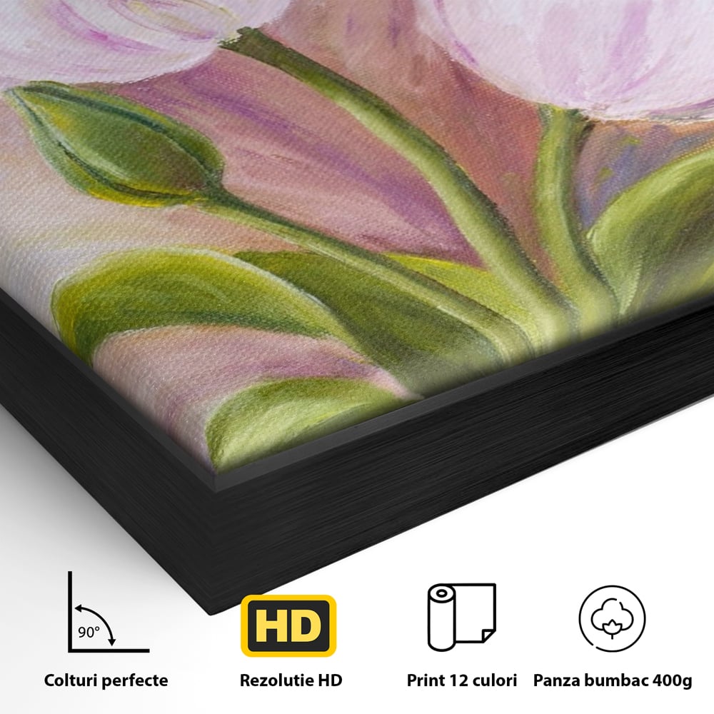 Detaliu al suprafetei: tablou canvas cu lalele roz, in rama de aluminiu negru
