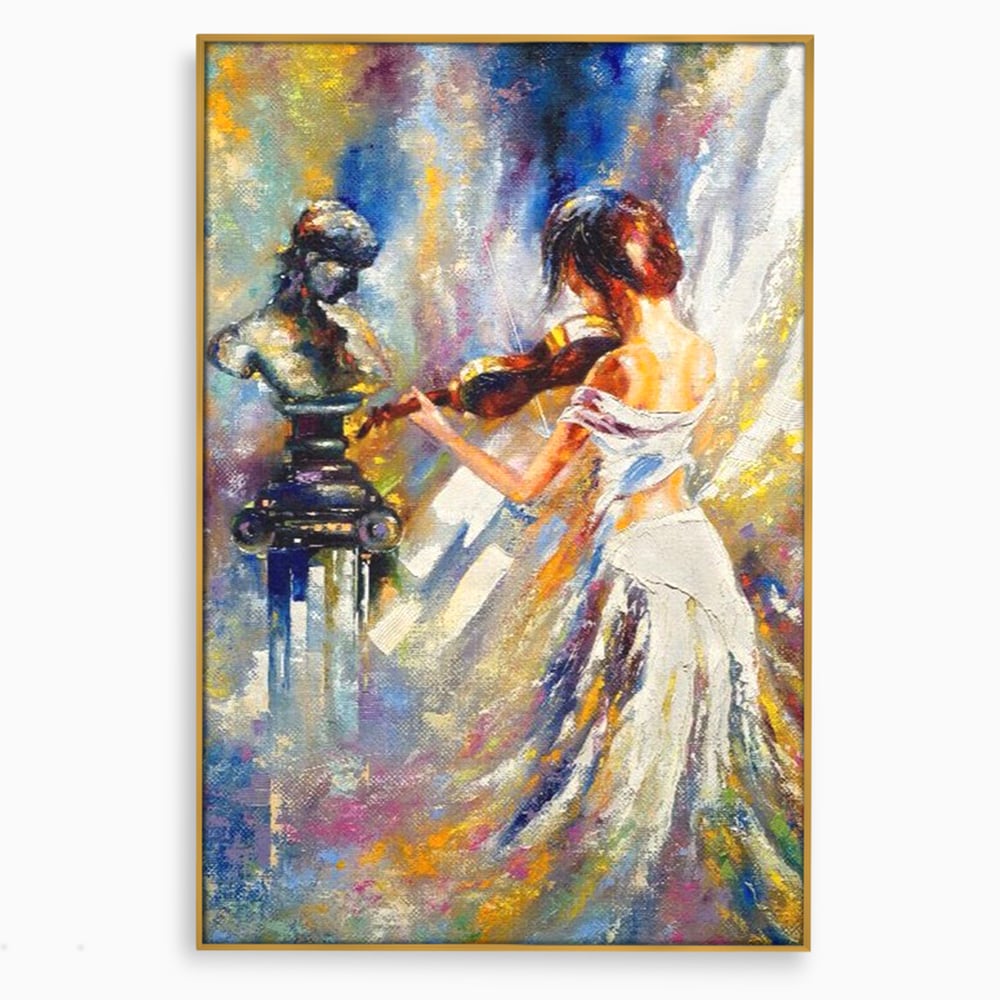 Tablou canvas cu pictura femeie cantand la vioara, in rama de aluminiu auriu