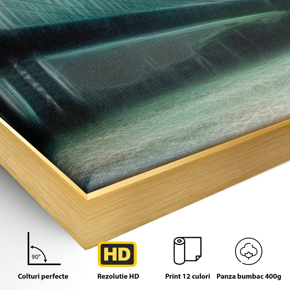 Detaliu al suprafetei: tablou canvas cu pod suspendat pe furtuna, in rama de aluminiu auriu