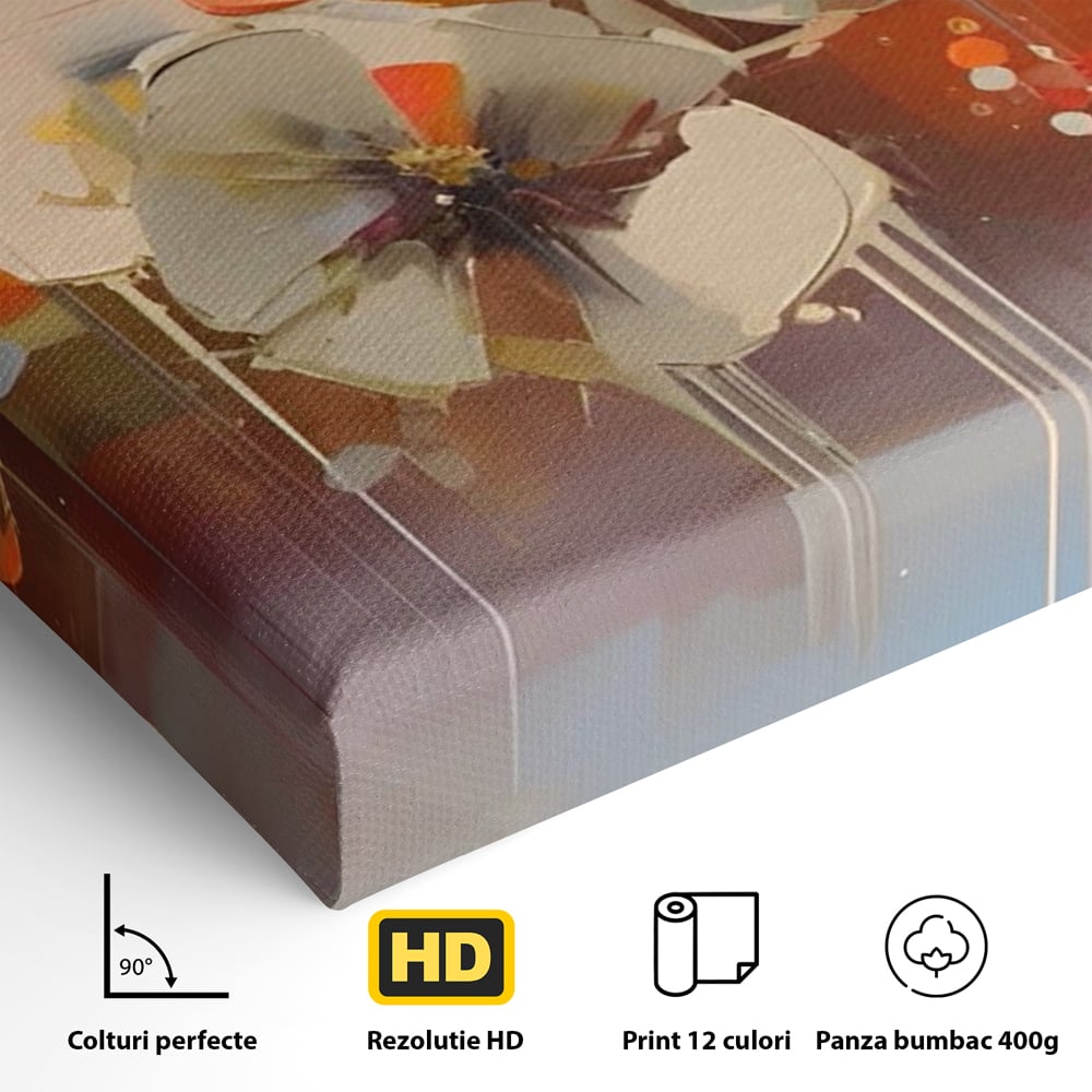 Detaliu al suprafetei: tablou canvas cu pictura florala abstracta, fara rama, pe sasiu de lemn