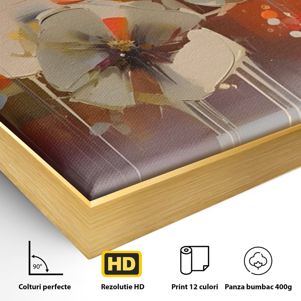 Detaliu al suprafetei: tablou canvas cu pictura florala abstracta, in rama de aluminiu auriu