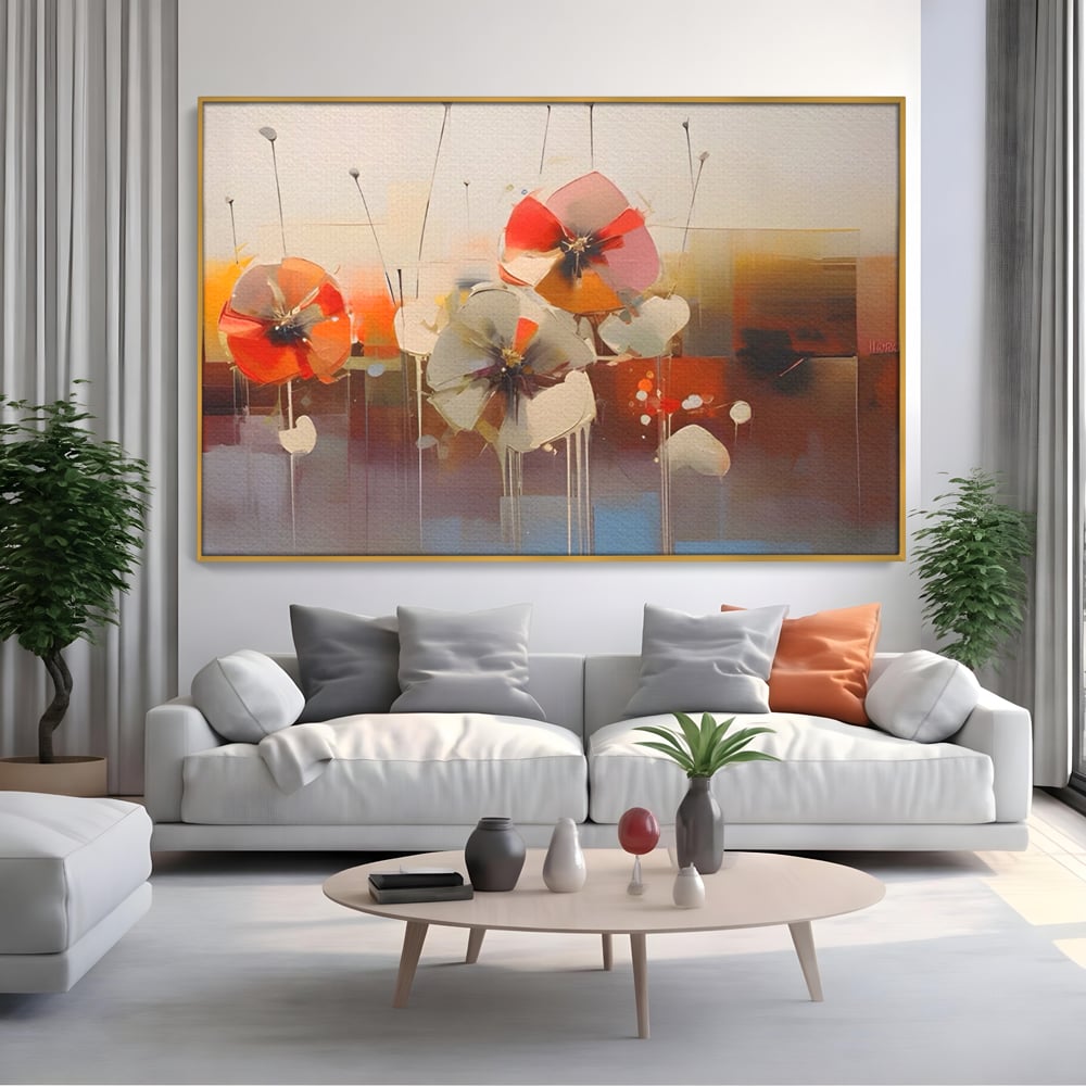 Tablou canvas cu tablou canvas cu pictura florala abstracta, in rama de aluminiu auriu, pe perete intr-un living