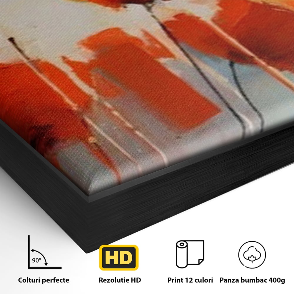 Detaliu al suprafetei: tablou canvas cu maci in ulei, in rama de aluminiu negru
