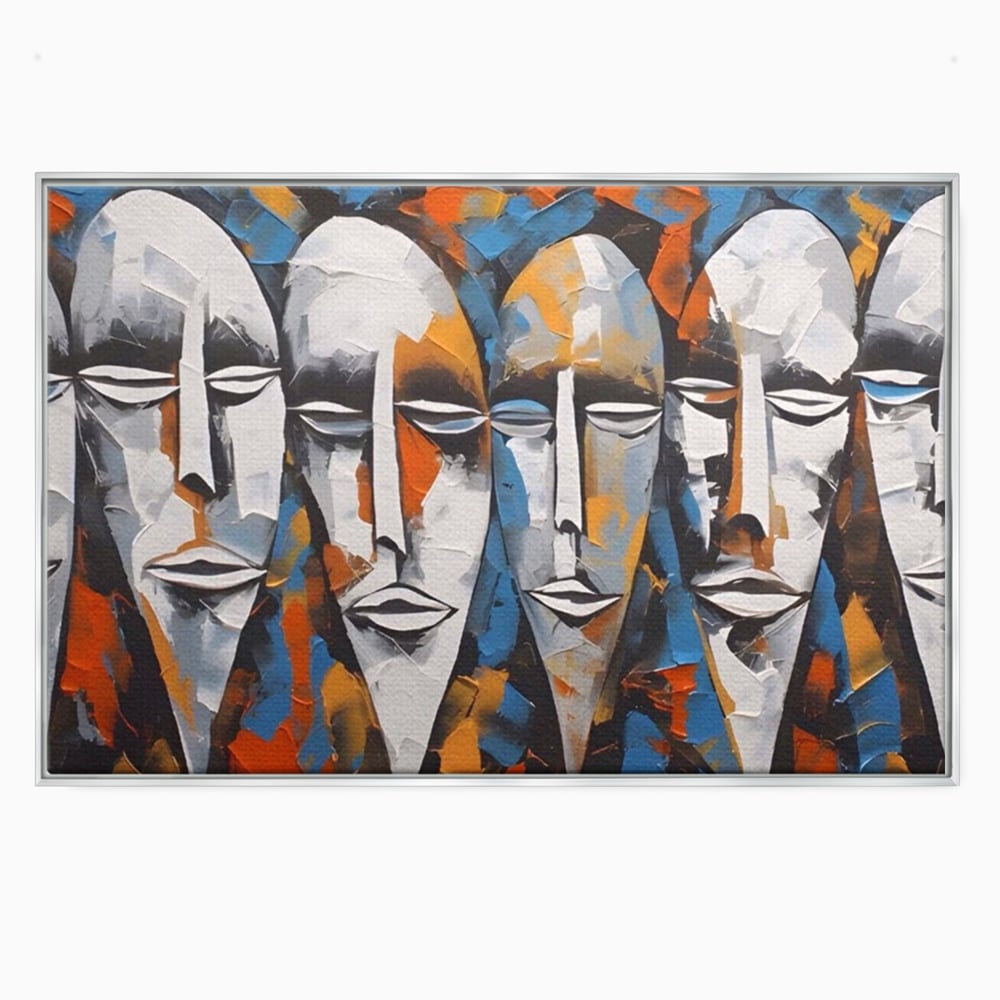 Tablou canvas cu tablou abstract cu masti tribale albe, in rama de aluminiu argintiu