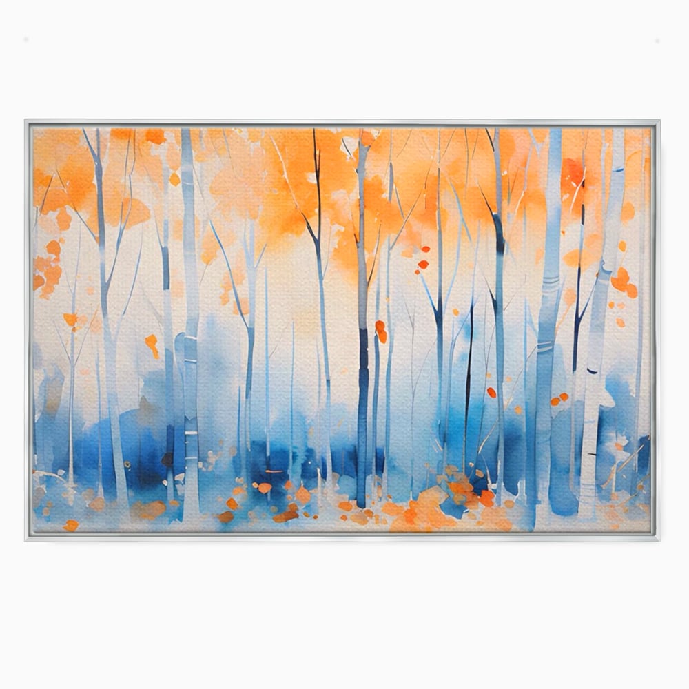 Tablou canvas cu pictura orizontala cu padure de toamna, in rama de aluminiu argintiu
