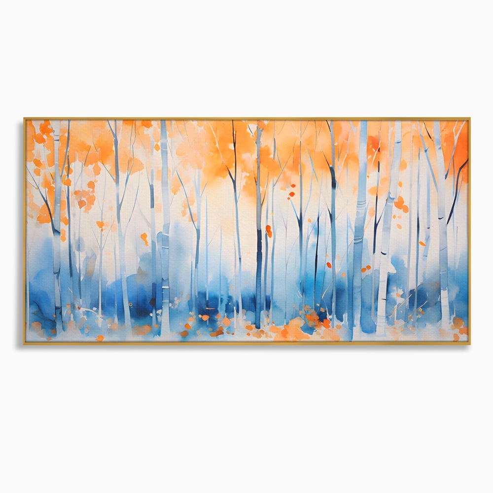 Tablou canvas cu pictura orizontala cu padure de toamna, in rama de aluminiu auriu
