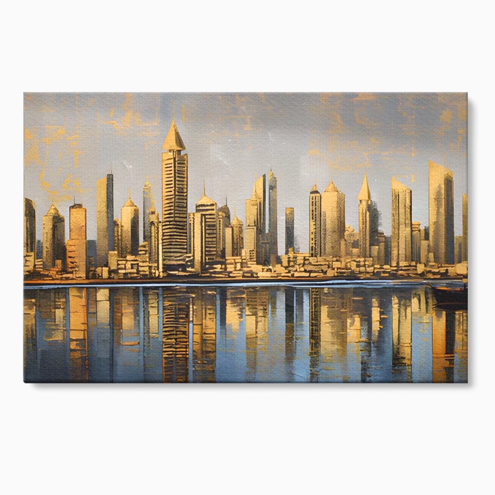 Tablou canvas cu tablou canvas cu peisaj urban si cladiri inalte, fara rama, pe sasiu de lemn