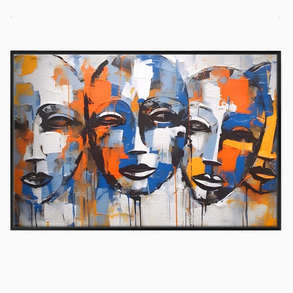 Tablou canvas cu tablou canvas cu trei masti stilizate, in rama de aluminiu negru