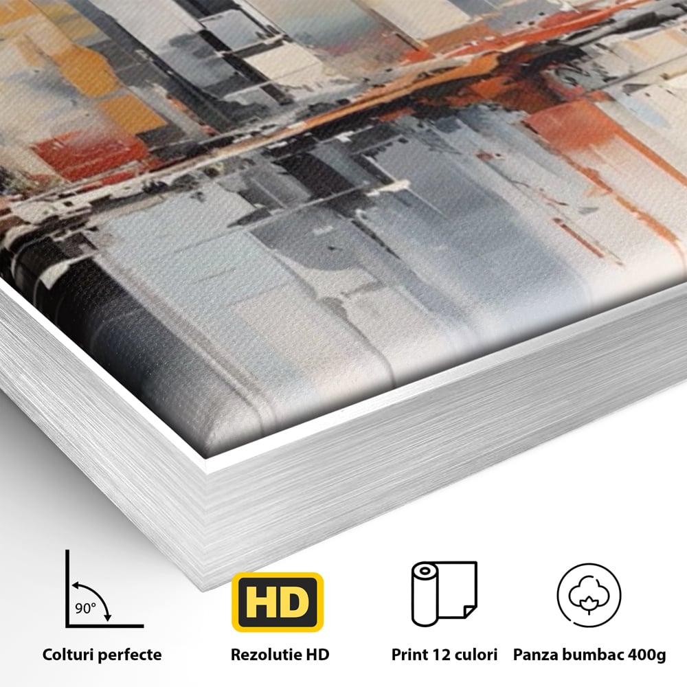 Detaliu al suprafetei: tablou canvas cu peisaj urban abstract, in rama de aluminiu argintiu