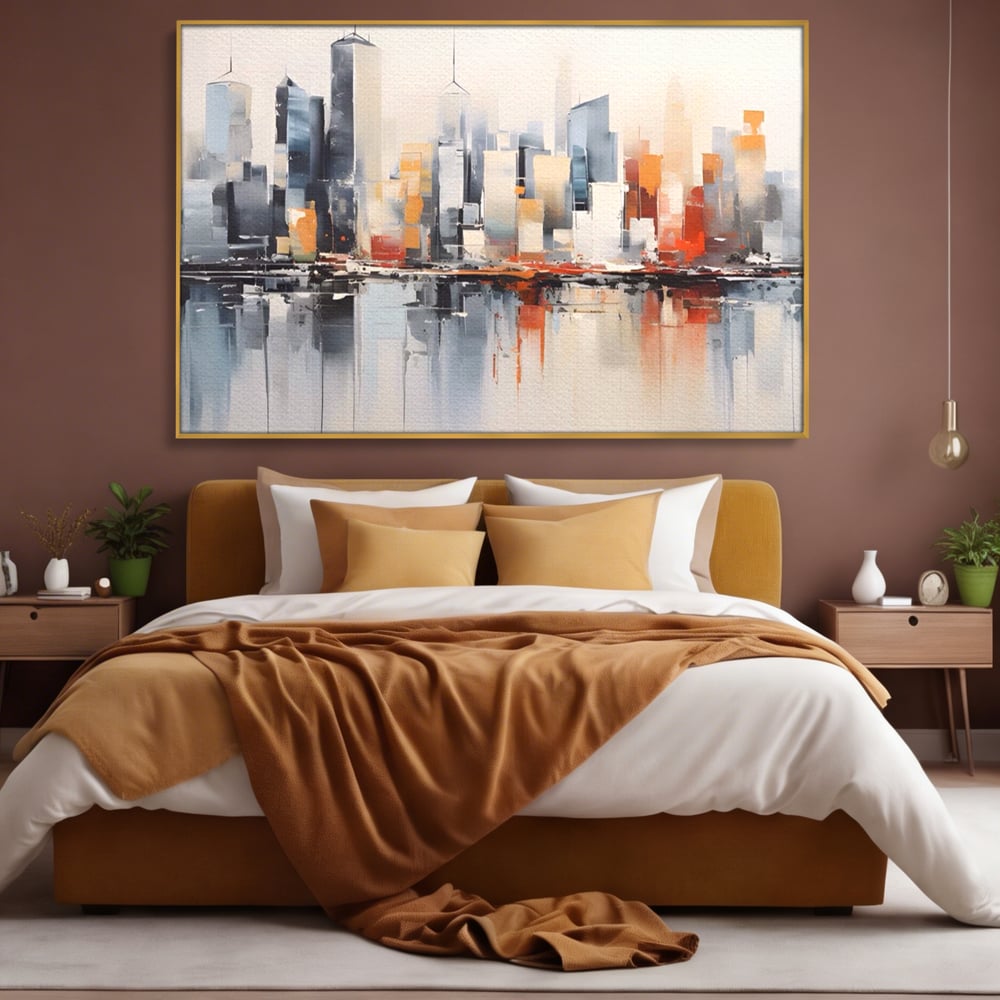 Tablou canvas cu tablou canvas cu peisaj urban abstract, in rama de aluminiu auriu, pe perete intr-un dormitor
