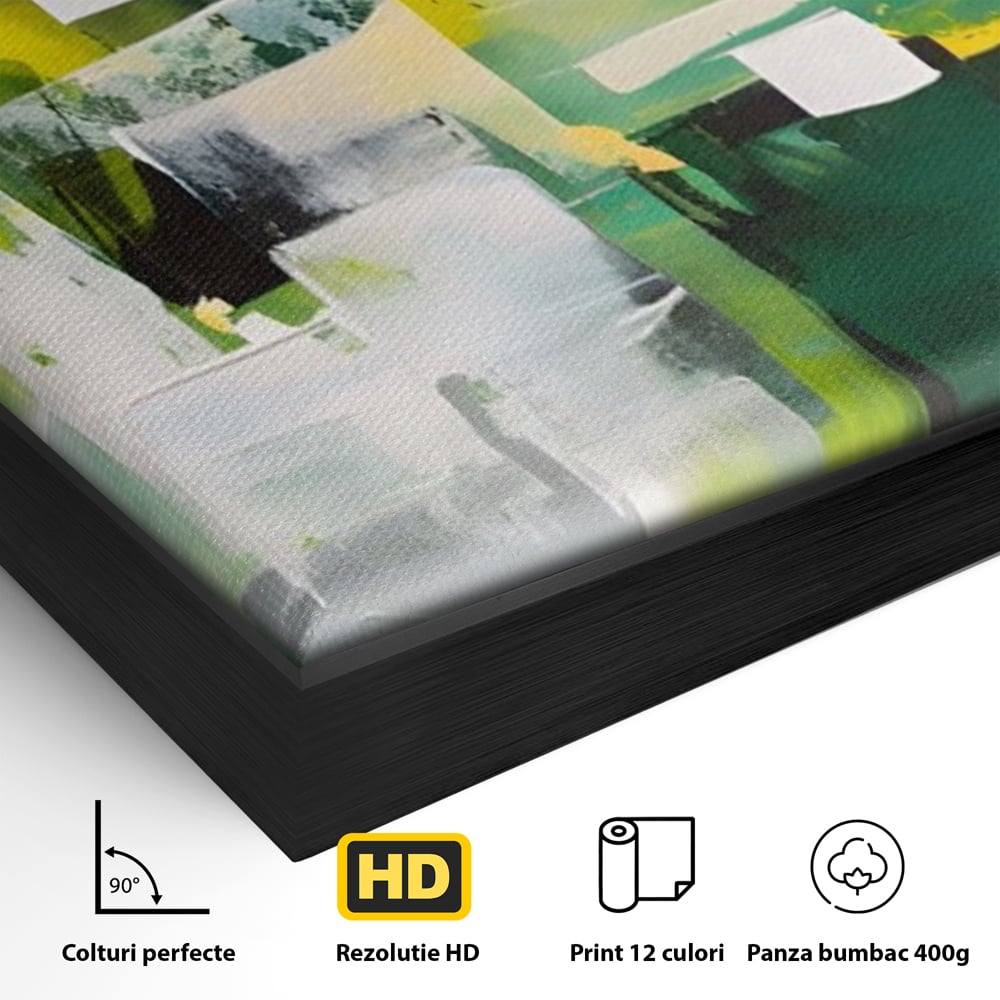 Detaliu al suprafetei: pictura abstracta cu pete verzi si galbene, in rama de aluminiu negru