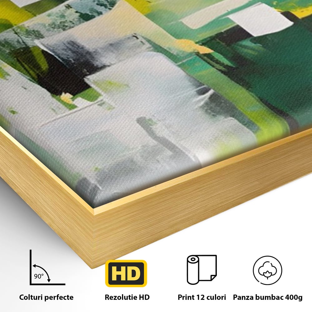 Detaliu al suprafetei: pictura abstracta cu pete verzi si galbene, in rama de aluminiu auriu