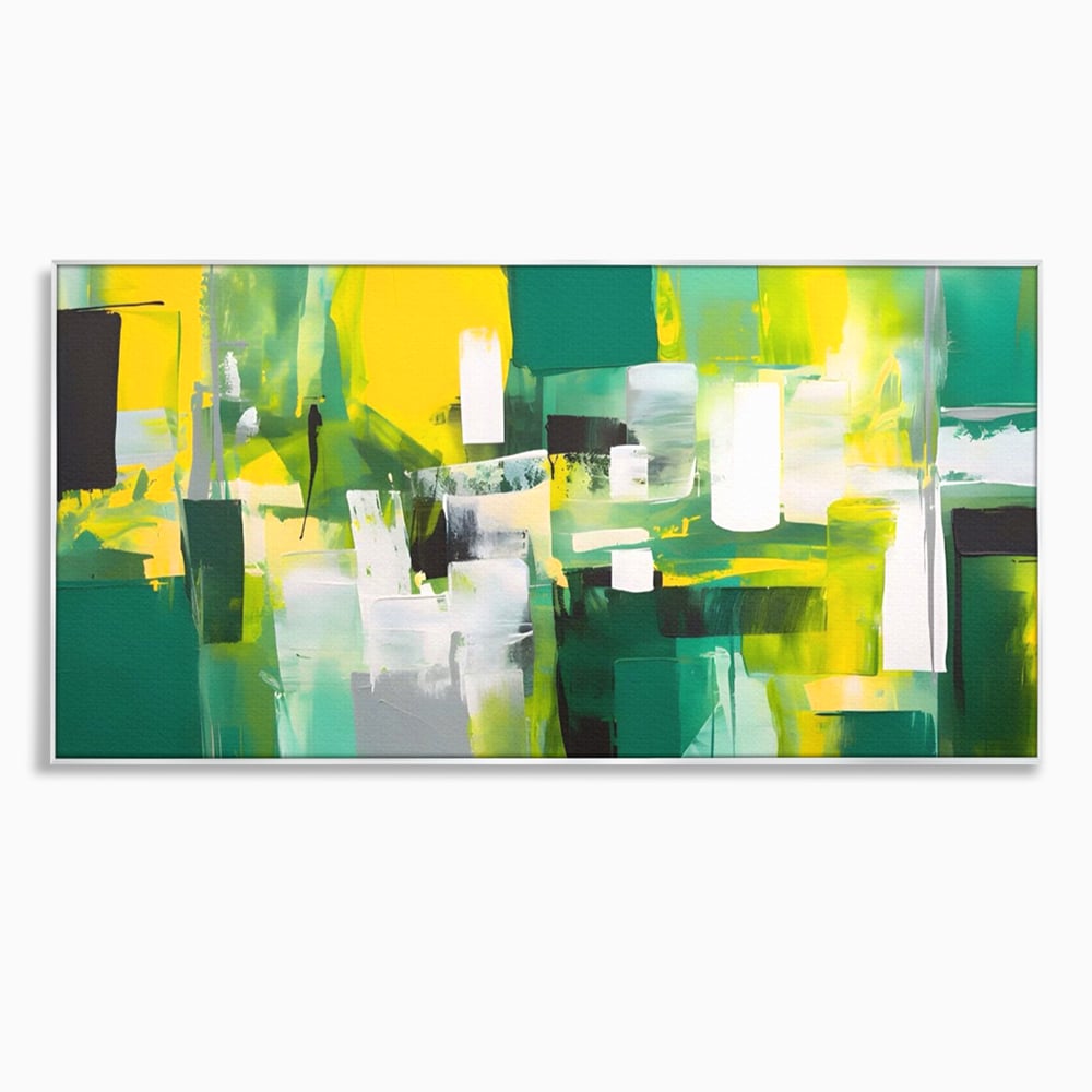 Tablou canvas cu pictura abstracta cu pete verzi si galbene, in rama de aluminiu argintiu