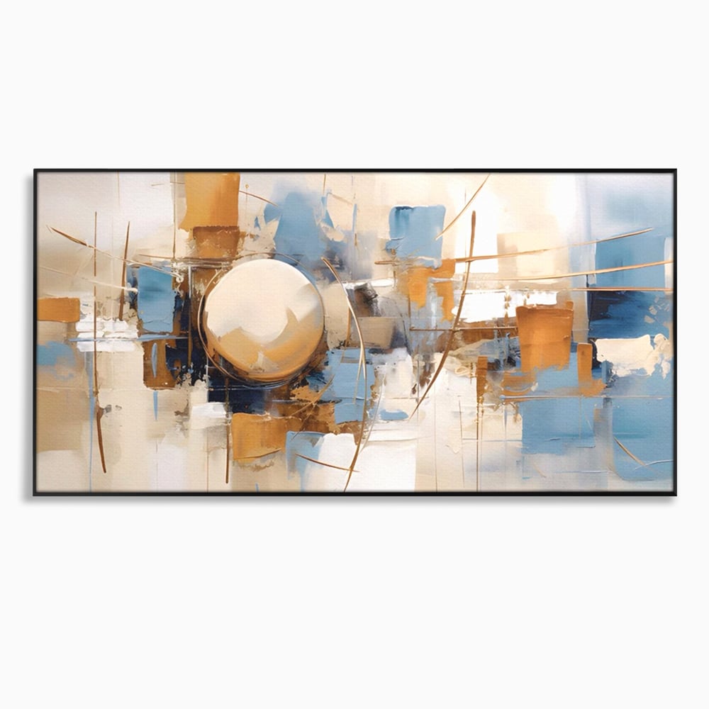 Tablou canvas cu pictura abstracta cu sfera si linii, in rama de aluminiu negru