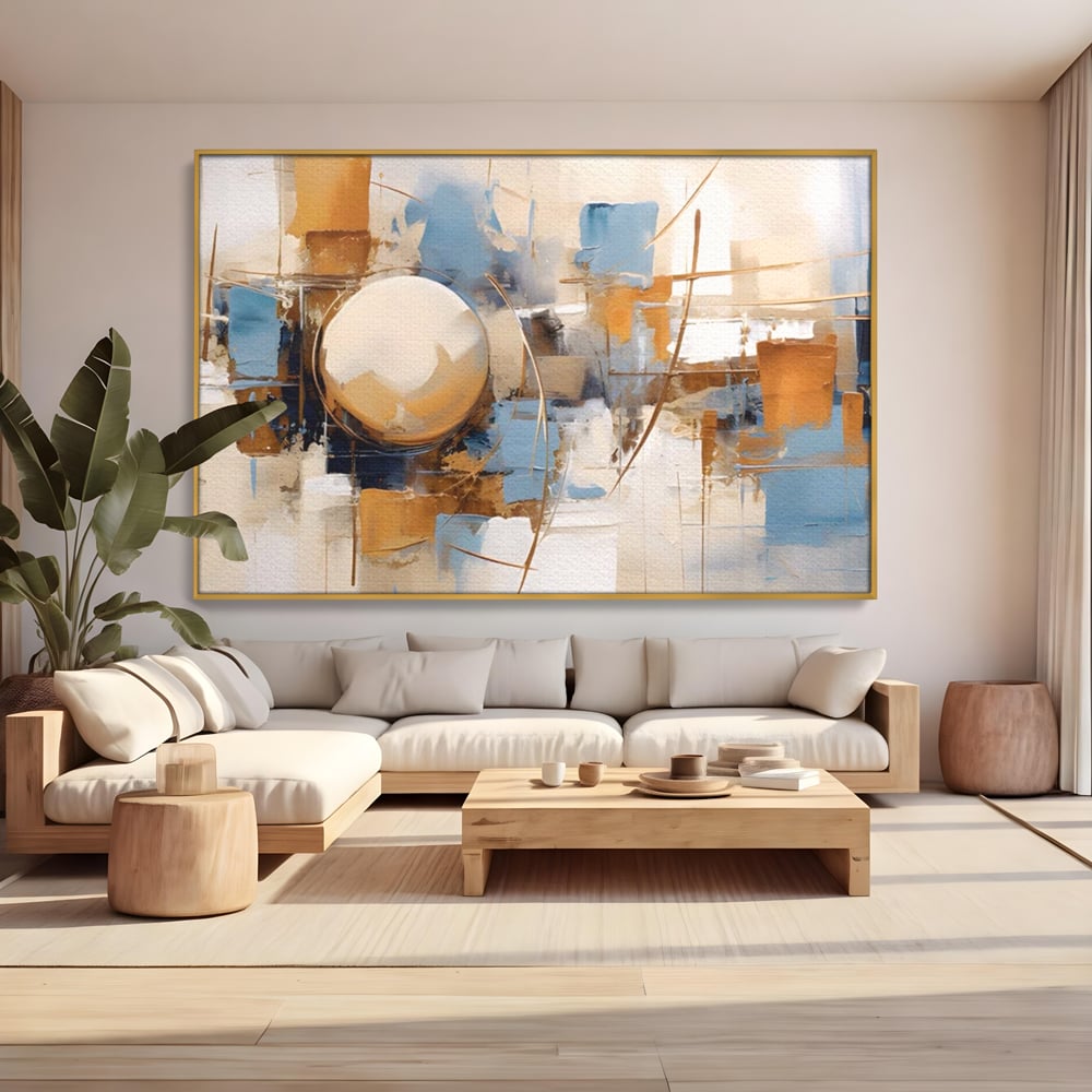 Tablou canvas cu pictura abstracta cu sfera si linii, in rama de aluminiu auriu, pe perete intr-un living