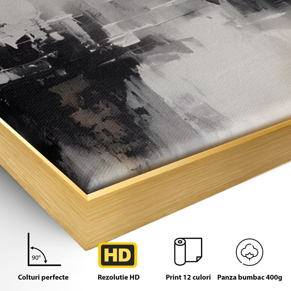 Detaliu al suprafetei: tablou canvas cu peisaj urban abstract gri, in rama de aluminiu auriu