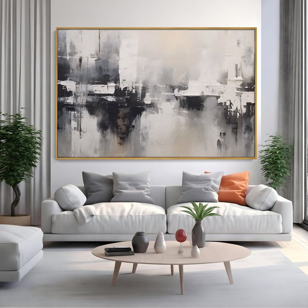 Tablou canvas cu tablou canvas cu peisaj urban abstract gri, in rama de aluminiu auriu, pe perete intr-un living