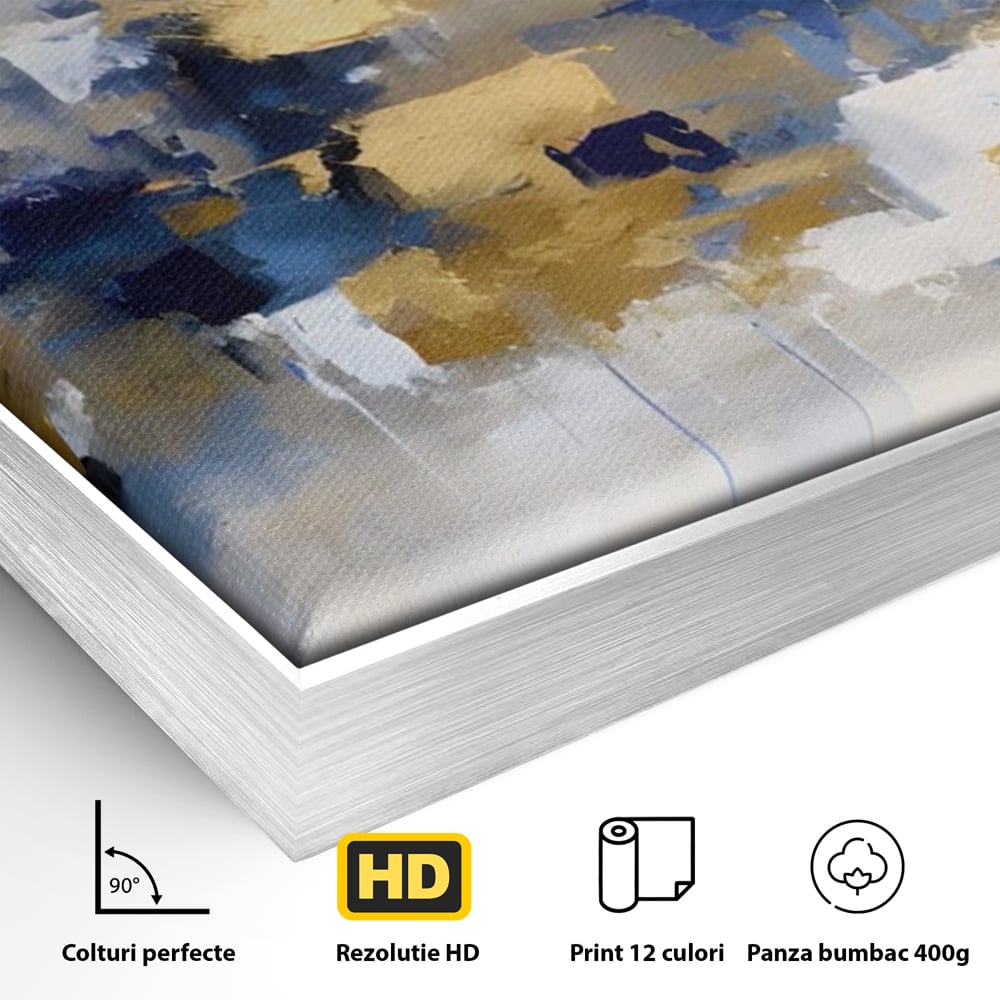 Detaliu al suprafetei: tablou abstract cu pete aurii si albastre, in rama de aluminiu argintiu