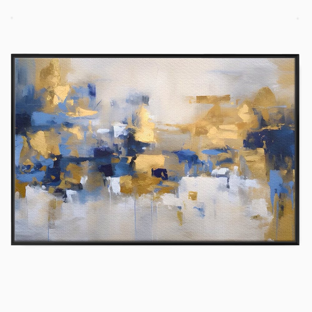 Tablou canvas cu tablou abstract cu pete aurii si albastre, in rama de aluminiu negru