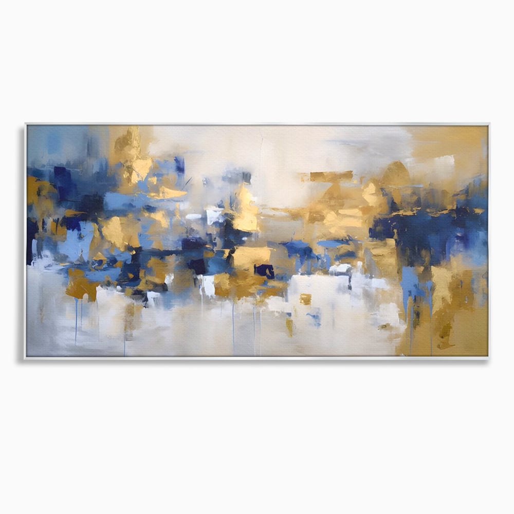 Tablou canvas cu tablou abstract cu pete aurii si albastre, in rama de aluminiu argintiu