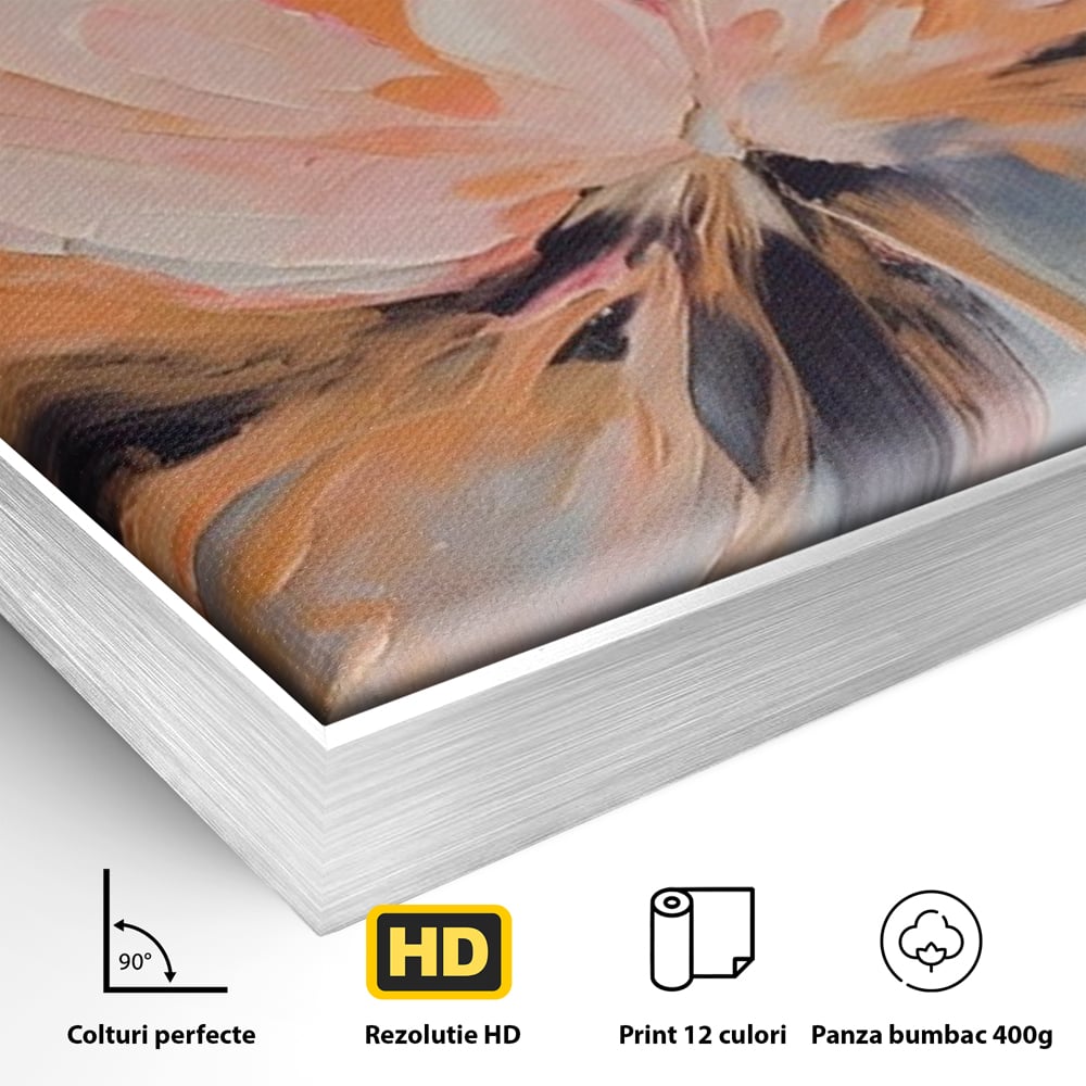 Detaliu al suprafetei: tablou canvas cu floare abstracta, in rama de aluminiu argintiu