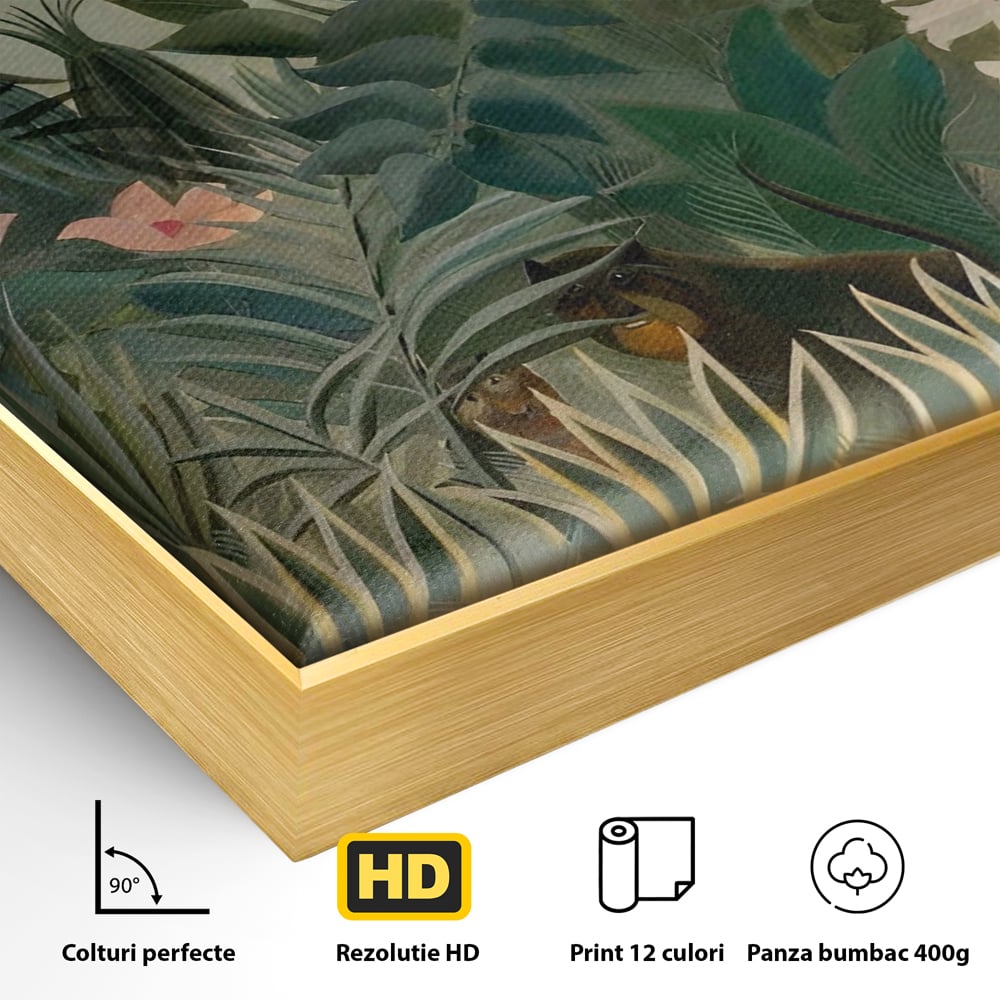 Detaliu al suprafetei: pictura decorativa cu peisaj de jungla, in rama de aluminiu auriu