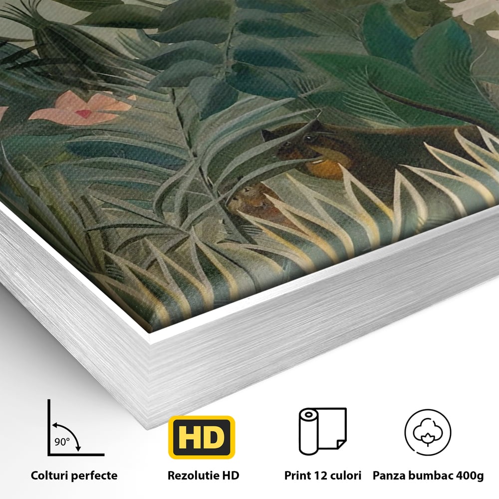 Detaliu al suprafetei: pictura decorativa cu peisaj de jungla, in rama de aluminiu argintiu