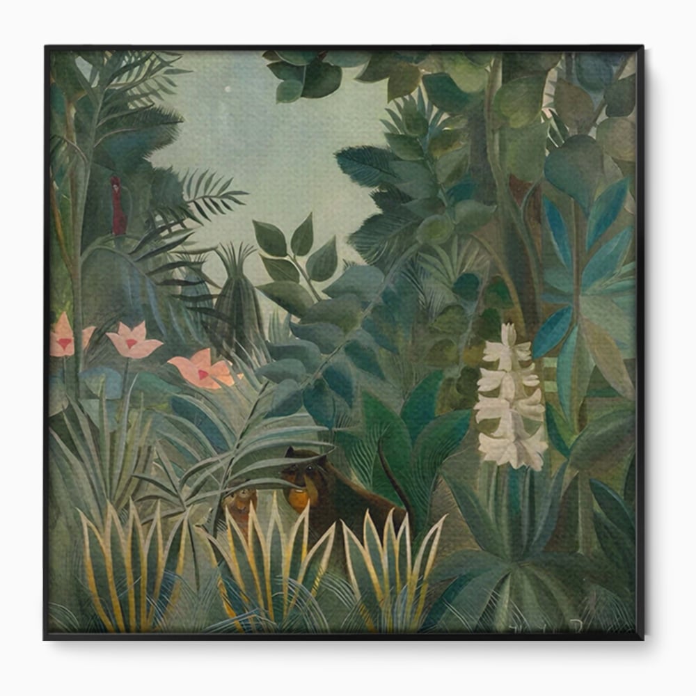 Tablou canvas cu pictura decorativa cu peisaj de jungla, in rama de aluminiu negru