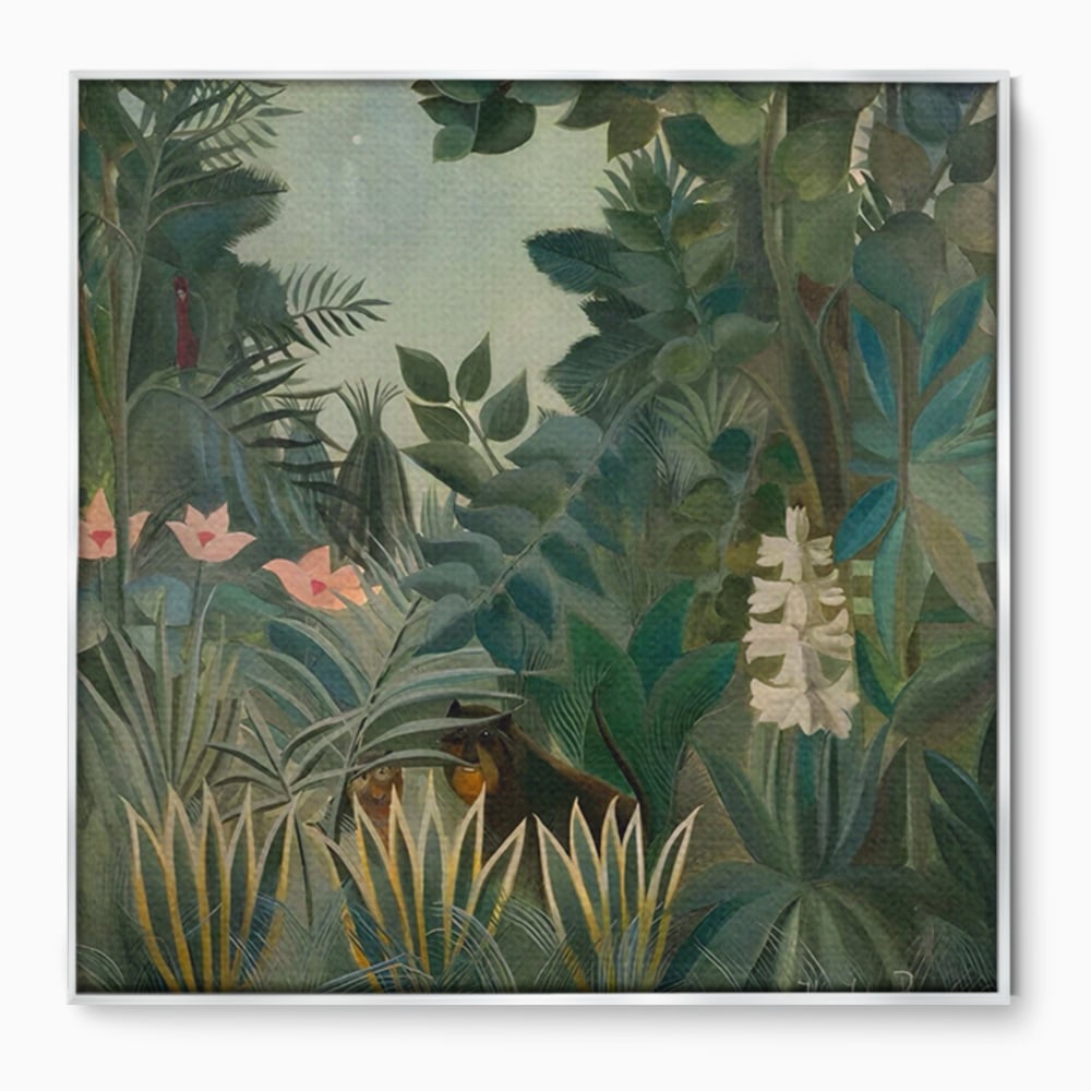 Tablou canvas cu pictura decorativa cu peisaj de jungla, in rama de aluminiu argintiu