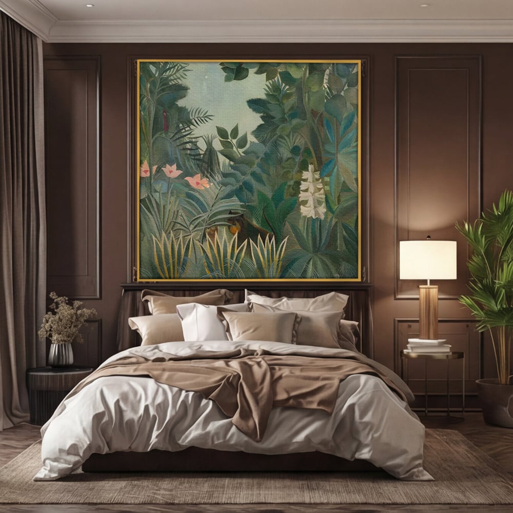 Tablou canvas cu pictura decorativa cu peisaj de jungla, in rama de aluminiu auriu, pe perete intr-un dormitor