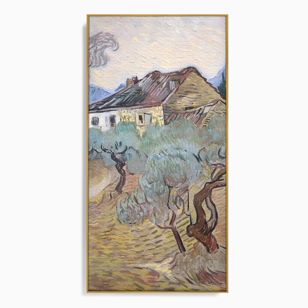 Tablou canvas cu pictura cu maslini si casa rurala, in rama de aluminiu auriu
