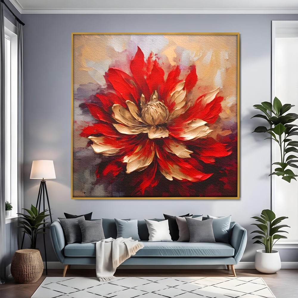 Tablou canvas cu pictura cu o floare rosie si aurie in relief, in rama de aluminiu auriu, pe perete intr-un living
