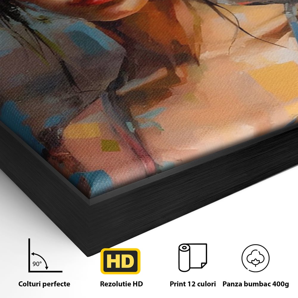 Detaliu al suprafetei: tablou canvas cu portret de femeie, in rama de aluminiu negru