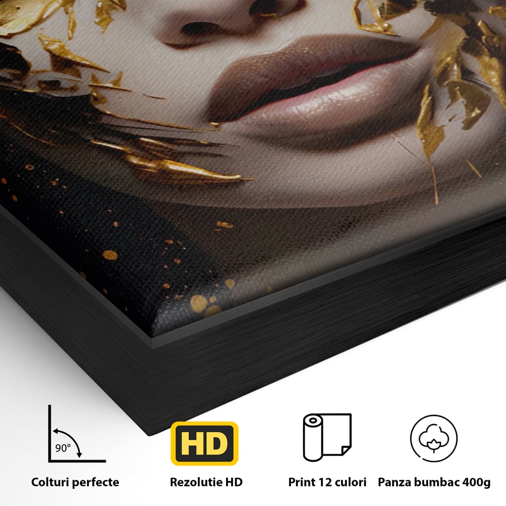 Detaliu al suprafetei: tablou canvas cu portret de femeie si foita de aur, in rama de aluminiu negru