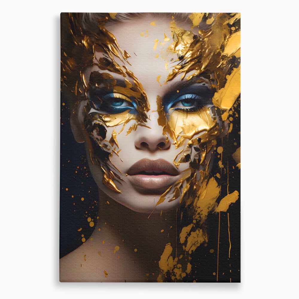 Tablou canvas cu tablou canvas cu portret de femeie si foita de aur, fara rama, pe sasiu de lemn
