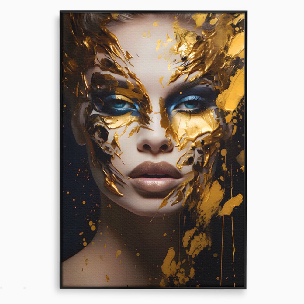 Tablou canvas cu tablou canvas cu portret de femeie si foita de aur, in rama de aluminiu negru