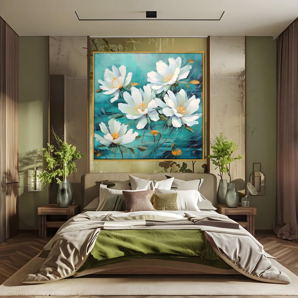 Tablou canvas cu tablou canvas cu flori albe pictate, in rama de aluminiu auriu, pe perete intr-un dormitor