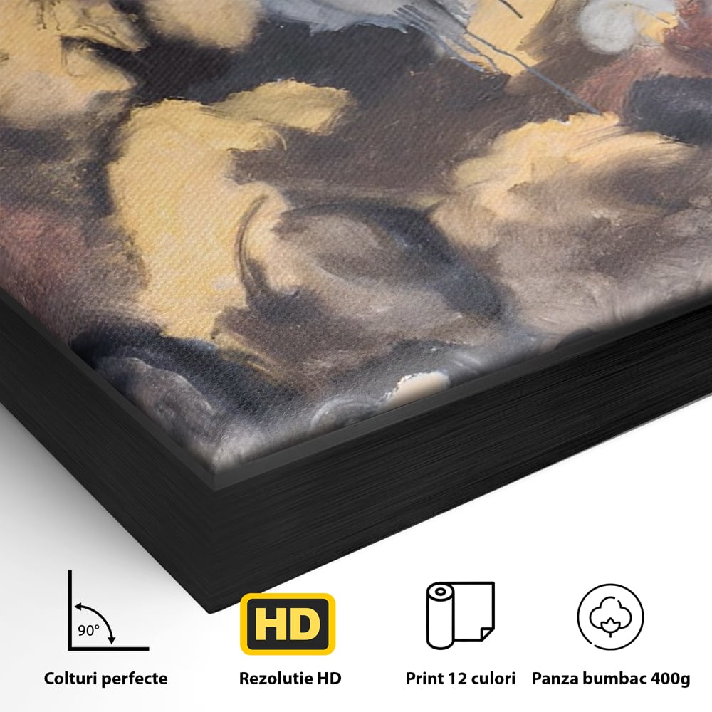 Detaliu al suprafetei: pictura abstracta cu pete de culoare, in rama de aluminiu negru