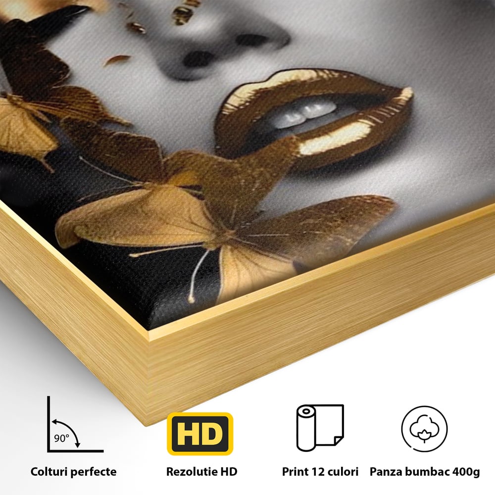 Detaliu al suprafetei: tablou canvas cu portret de femeie si fluturi aurii, in rama de aluminiu auriu