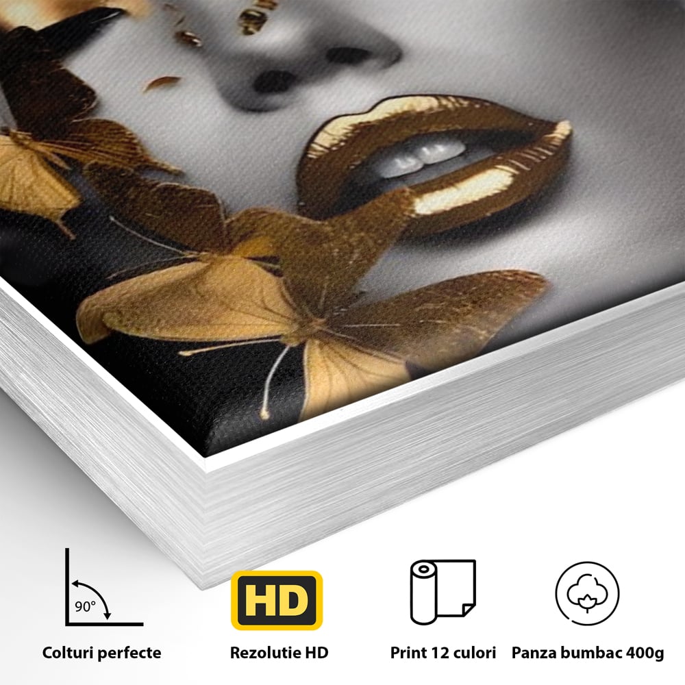 Detaliu al suprafetei: tablou canvas cu portret de femeie si fluturi aurii, in rama de aluminiu argintiu